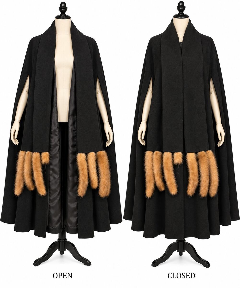 Vintage 80s C'est Simone Wool Cape M Black Genuine Mink Fur Trim Cloak